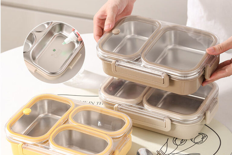 BPA Free Stainless Steel Lunch Boxes with 3 Compartments and Leakproof Lid (6) BPA free stainless steel bento lunch bo