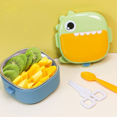 Customized BPA Free Plastic Bento Lunch Boxes with Baby Food Bowl and SpoonA BPA free PP plastic kids’ bento lunch box with stainless bowl, spoon, and scissor set, designed for safe and portable baby food storage.