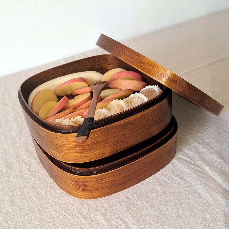 2 layer wooden square lunch box