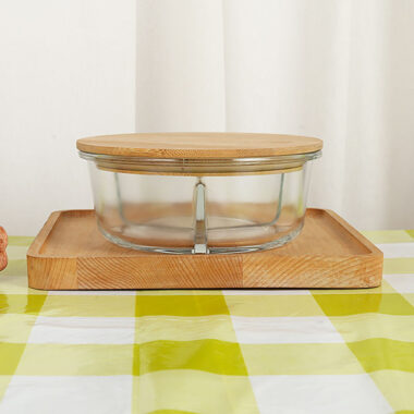 3 compartment glass lunch box with bamboo lid