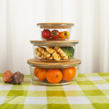 3 compartment glass lunch box with bamboo lid