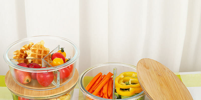 3 compartment glass lunch box with bamboo lid